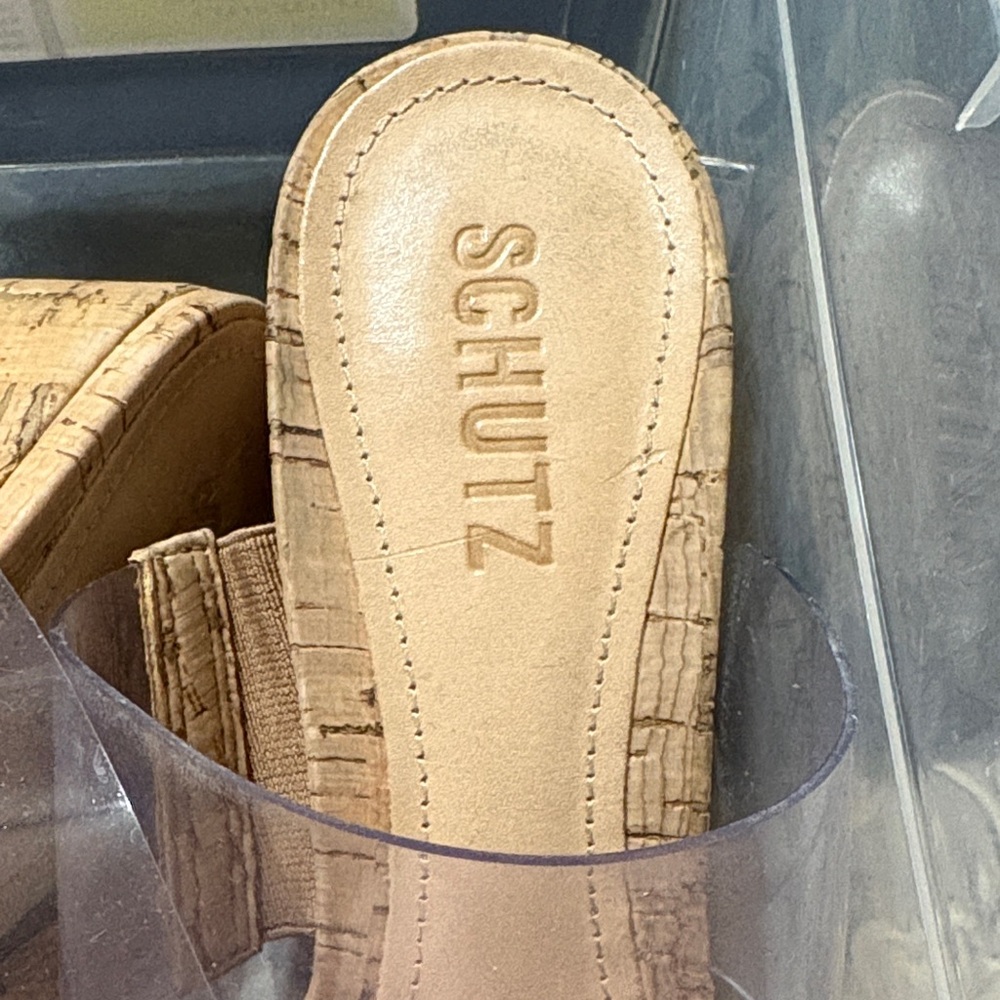 SCHUTZ Clear Strap Cork Slide Sandals in Natural/Tan - Picture 2 of 9